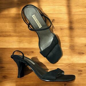 Ann Marino Y2K Black Fabric Square Strappy Sandal Heels Open Toe Kitten Mule 7.5